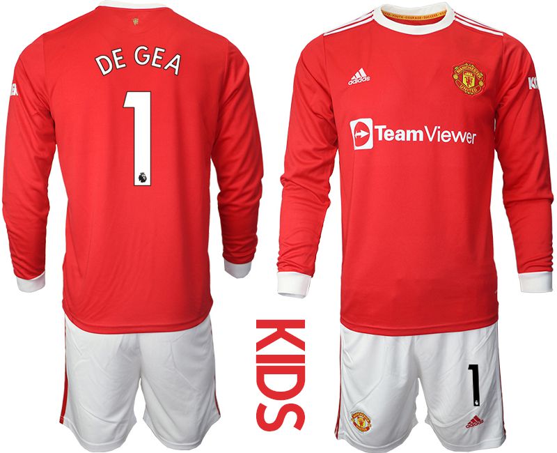 Youth 2021-2022 Club Manchester united home red Long Sleeve #1 Soccer Jersey->youth soccer jersey->Youth Jersey